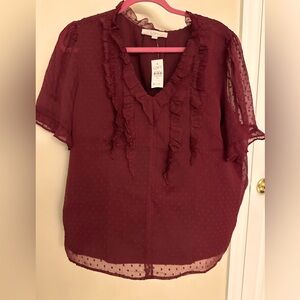 NWT Loft XL burgundy V-neck short sleeve blouse with ruffle trim